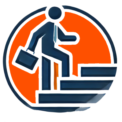 Man walking up the step carrying a briefcase. There are 3 steps. There is a round graphic that encompasses the man and the steps.